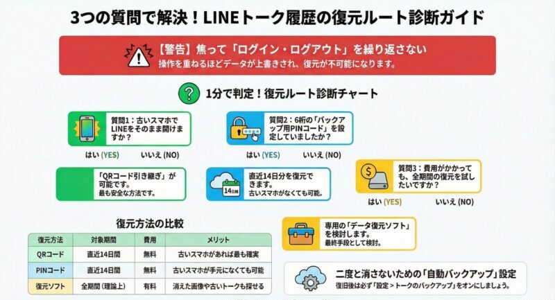 3つの質問で最適なLINEトーク復元方法がわかるYES・NO診断チャートの図解。質問1は古いスマホの状態、質問2はPINコード設定の有無、質問3は費用に関する質問。
