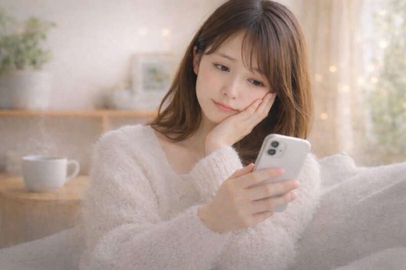 心配顔の女性とスマホ