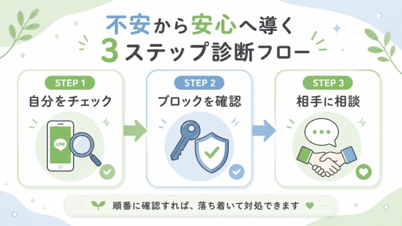 特定の人からLINEが届かない問題を解決するための3ステップ診断フロー図。ステップ1は自己診断、ステップ2はブロックの確認、ステップ3は相手への相談