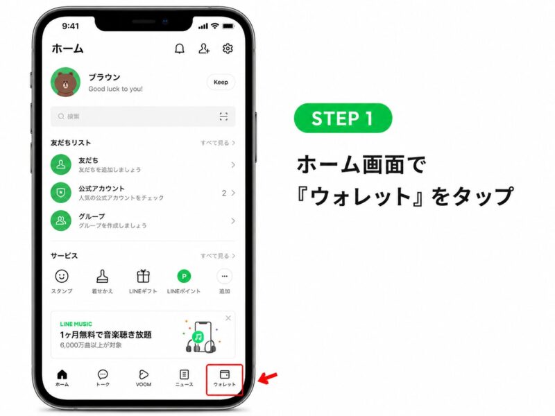 1.LINEアプリのホーム画面を開き、右下の「ウォレット」をタップします。