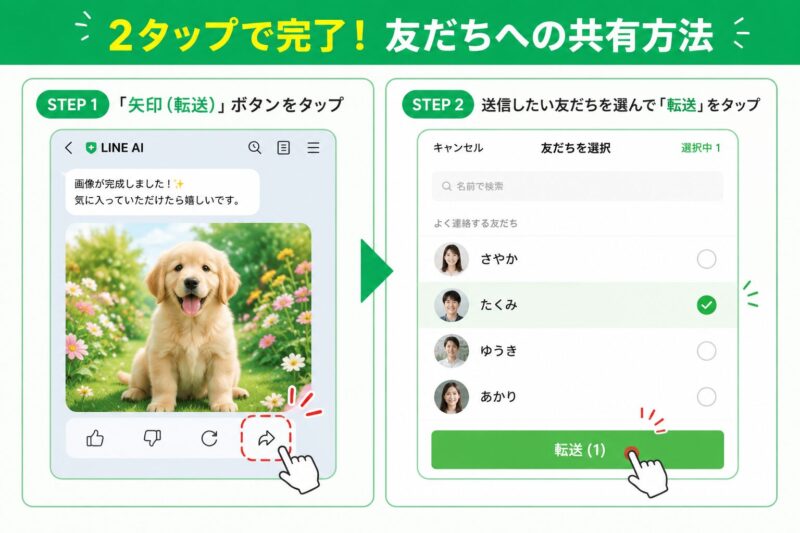 LINE AIで生成した画像を友だちに共有する2ステップ。転送ボタンをタップし、送信先の友だちを選ぶ流れ