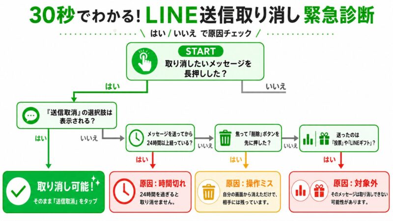 LINE送信取り消しができない原因を特定するためのフローチャート。「メッセージを長押しした？」という質問から始まり、「24時間以上経過」「削除ボタンを先に押した」などの分岐を経て原因を診断する