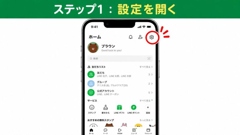 LINEのホーム画面。右上の設定（歯車マーク）が赤丸で強調されている