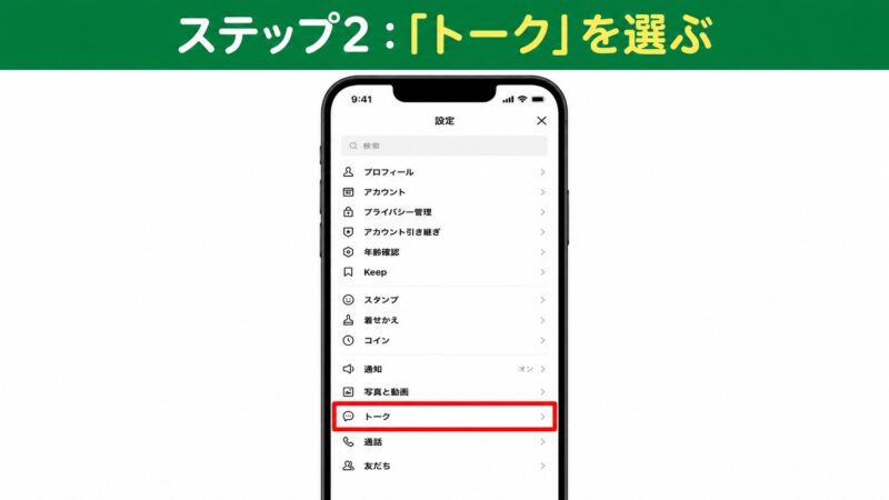LINEの設定メニュー画面。AI関連の設定項目を探す流れを示している
