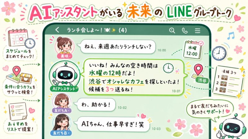 3人の女の子がLINEでランチの相談をしていると、AIアシスタントが会話に入ってきて、全員のスケジュールを調整し、お店の候補まで提案してくれているイラスト