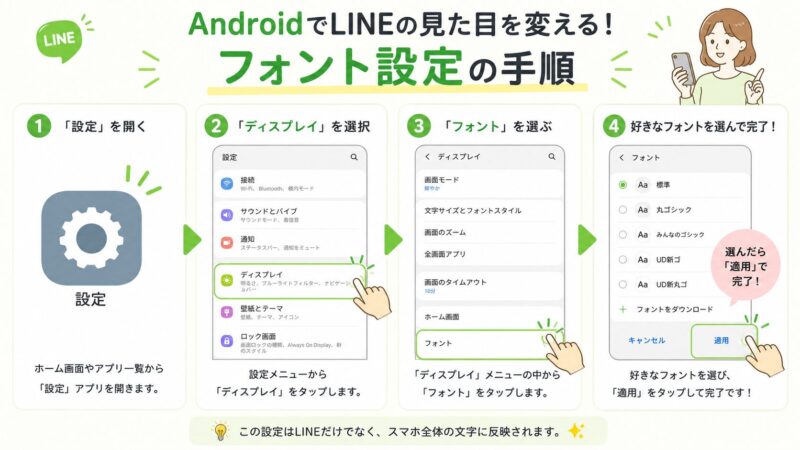 Androidスマートフォンの設定画面で、LINEに反映されるフォントを変更する4つのステップを示した図解