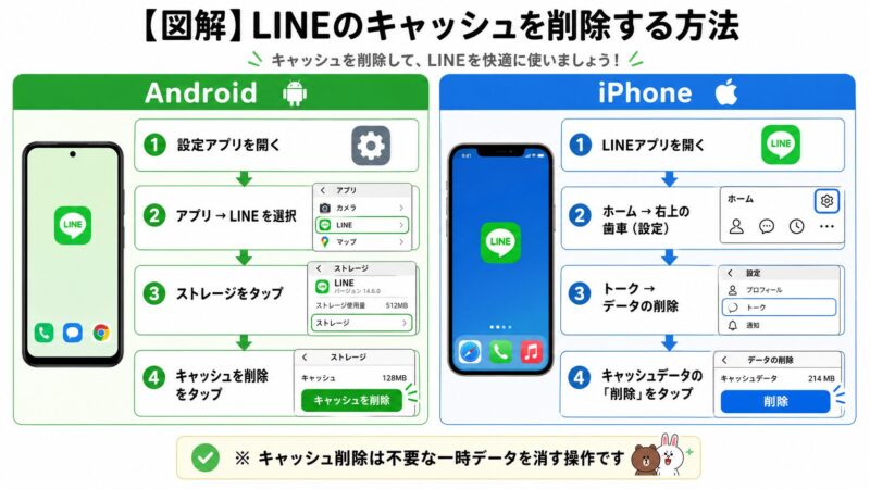 AndroidとiPhoneそれぞれのLINEアプリのキャッシュ削除手順を示した図解