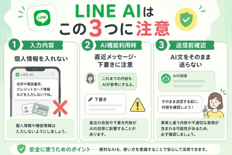 LINE AI利用時に注意すべき入力内容、情報利用、送信前確認の3点を示した図