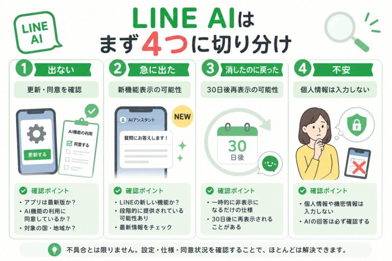 LINE AIの不具合に見える症状を設定、同意、仕様、不具合に切り分ける図