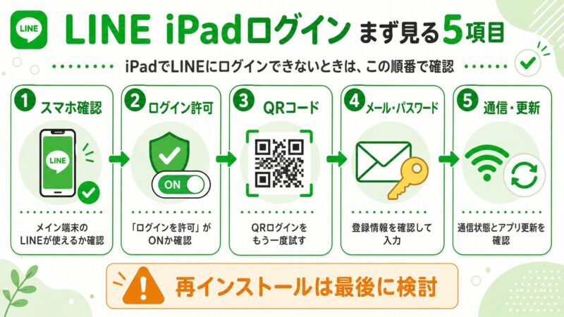 iPadでLINEにログインできないときにスマホ確認から通信更新まで順番に確認する5ステップ図