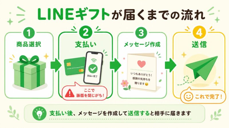 LINEギフトが送られるまでの4ステップを示したフロー図。商品選択、支払い、メッセージ作成、送信の順に進むことを示している