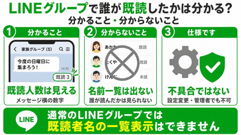 通常のLINEグループでは、「既読3」など読んだ人数は確認できますが、誰が既読したか、誰が未読なのかを個別に確認することはできません。 重要な連絡を確認した人の名前まで把握したい場合は、LINEの投票機能を使い、「確認しました」と回答してもらう方法が現実的です。ただし、回答者名を確認するには匿名投票にしないことが重要です。 この記事の結論 通常のLINEグループで確認できるのは既読人数まで 既読・未読メンバーの名前を表示する機能はない 確認済みの人を把握するなら、匿名にしない投票を使う 投票していない人には、必要に応じて個別に確認する LINE公式は、グループの「既読2」などの数字を、送信したメッセージを閲覧した人数と説明しています。また、端末によっては通知を受け取った時点で既読になる場合があるため、既読数は目安として扱う必要があります。情報は2026年7月時点のものです。詳しくは、LINEの既読・未読に関する公式説明をご確認ください。 LINEグループでは誰が既読したか確認できない 通常のLINEグループでは、送信したメッセージの横に表示される既読人数までは確認できます。しかし、既読の数字をタップして、読んだメンバーや読んでいないメンバーの名前を一覧表示する機能はありません。 これはアプリの不具合や設定ミスではなく、個人向けLINEの仕様です。設定画面を変更したり、グループの管理者になったりしても、既読者名を表示できるようにはなりません。 「既読人数」と「既読した人の名前」は別の情報です。グループの参加人数と既読人数を比較すれば、何人が未確認と思われるかは計算できますが、未読メンバーを特定することはできません。 既読が増えない原因は、通知設定、通信状況、機種変更後の状態など複数考えられます。特定の相手だけ既読にならない場合も、すぐに無視されていると判断せず、LINEで既読がつかない原因を確認してください。 既読人数の意味と確認するときの注意点 LINEグループに表示される「既読2」などの数字は、自分が送信したメッセージを閲覧したと判定された人数です。自分自身は人数に含まれません。 ただし、既読人数だけで全員が内容を理解したと判断するのは避けましょう。LINE公式では、相手の端末によっては通知を受け取った時点で既読と判定されることがあり、実際にトーク画面を開いて読んだとは限らないと案内しています。 既読人数を確認するときは、次の点に注意してください。 既読でも内容を読んだとは限らない：通知や端末の動作によって既読と判定される場合があります。 読んだ時刻は確認できない：メッセージ横の時刻は送信時刻であり、相手が閲覧した時刻ではありません。 未読者の名前は分からない：参加人数との差から未読人数を推測できても、該当するメンバーは特定できません。 重要な日程、出欠、持ち物、申込期限など、確認した人を名前まで把握する必要がある連絡では、既読数ではなく、次に紹介する投票機能を利用するのが現実的です。 投票機能で確認済みの人を把握する方法 LINEの投票機能では、通常の設定で作成すれば、各選択肢に回答したメンバーを確認できます。「確認しました」という選択肢を用意すると、重要な連絡への確認状況を把握しやすくなります。 確認したいグループトークを開きます。 画面下部のプラスメニューをタップします。 「投票」→「投票を作成」を選びます。 質問に「内容を確認しましたか？」と入力します。 選択肢に「確認しました」を追加します。 「匿名投票」は選択せず、投票を作成します。 投票結果の「結果をもっと見る」から回答者を確認します。 投票者と既読者は同じではありません。確認できるのは、投票に回答したメンバーです。メッセージを読んでも投票していない人は一覧に表示されません。 LINE公式ヘルプでも、通常の投票では各選択肢に投票した人を確認できますが、匿名投票では投票者を確認できないと案内されています。操作画面や詳しい仕様は、LINEの投票機能に関する公式ヘルプをご確認ください。 投票と一緒に送る文例 投票だけを投稿すると目的が伝わりにくいため、回答をお願いする短いメッセージを添えましょう。次の文例は、予定や連絡内容を置き換えて使用できます。 皆様、お疲れさまです。 先ほどお送りした連絡について、内容をご確認いただけましたら、投票の「確認しました」をタップしてください。 確認状況を把握するため、ご協力をお願いいたします。 回答期限がある場合は、「〇月〇日までにお願いします」と具体的な日付も加えてください。期限を明記すると、後から個別確認が必要な人を判断しやすくなります。 アナウンス・ノート・個別連絡の使い分け 投票機能は確認者を把握する方法ですが、すべての連絡で投票を作成すると、グループの負担が増える可能性があります。連絡の重要度や回答の必要性に応じて、アナウンス、ノート、個別連絡を使い分けましょう。 アナウンスは見落としを減らしたいときに使う アナウンス機能を使うと、指定したメッセージをトーク画面上部に表示できます。会話が多いグループで、大切な連絡が流れてしまうのを防ぎたい場合に向いています。 ただし、アナウンスを設定しても、誰が内容を確認したかは分かりません。確認者名が必要な場合は、投票機能と組み合わせてください。設定できない場合は、LINEアナウンス設定の確認方法も参考になります。 ノートは後から見返す情報に使う 集合時間、持ち物、作業手順、役割分担など、後から何度も見返す可能性がある情報はノートにまとめると便利です。通常のメッセージより流れにくく、過去の連絡を探す負担を減らせます。 ノートへの投稿だけでは確認者を把握できないため、回答が必要な連絡では、ノートの内容を案内したうえで投票への回答を依頼してください。 反応がない人だけ個別に確認する 回答期限を過ぎても投票していない人がいる場合は、必要な人だけに個別メッセージを送ります。投票していないことを責めるのではなく、見落としや通知設定の可能性を考慮した文面にすると伝わりやすくなります。 〇〇さん、お忙しいところすみません。 グループに送った〇〇の連絡について、見落としていたらと思い個別にご連絡しました。 お手すきのときに内容をご確認いただけると助かります。 グループの通知自体に気づいていない可能性がある場合は、LINEグループ通知の確認方法や、LINE通知が一部だけ来ないときの確認ポイントを案内する方法もあります。 既読確認をうたう外部ツールは使わない 「LINEで誰が既読したか分かる」と説明する非公式アプリや外部サービスがあっても、利用は避けてください。通常のLINEに既読者名を取得する公式機能がない以上、外部ツールへLINEのパスワードや認証番号を入力することは危険です。 確認用の投票はLINEアプリ内の機能を使ってください。外部の投票ページを装ったリンクへ誘導されても、LINEのメールアドレス、パスワード、電話番号、認証番号を入力しないでください。偽ページによるフィッシングやアカウント乗っ取りにつながる可能性があります。 LINE公式も、投票を装った偽ページによるアカウント乗っ取りや送金詐欺について注意を呼びかけています。外部サイトでログイン情報や認証番号の入力を求められた場合は画面を閉じ、正規のLINEアプリから操作してください。 LINEグループの既読確認に関するよくある質問 (FAQ) 読者がつまずきやすいポイントをQ&A形式でまとめました。 QLINEグループで誰が既読したか確認できますか？ A通常のLINEでは、既読したメンバーの名前を確認できません。確認できるのは「既読3」などの人数までです。確認した人の名前が必要な場合は、匿名にしない投票で回答してもらいましょう。 Q匿名投票でも回答した人を確認できますか？ A匿名投票では、各選択肢に投票した人を確認できません。確認済みメンバーを把握する目的なら、投票作成時に「匿名投票」を選択しないでください。 Q投票した人は全員メッセージを読んだと判断できますか？ A投票への回答を、内容を確認した意思表示として扱う方法は実用的です。ただし、LINEがメッセージの理解度を判定するわけではありません。質問文に「内容を確認した方は回答してください」と明記しましょう。 Q投票していない人にはすぐ個別連絡してもよいですか？ A期限を案内して一度リマインドした後、必要な人だけに連絡する方法がおすすめです。「見落としていたらと思い連絡しました」と添えると、相手を責める印象を抑えられます。 QLINE WORKSなら既読・未読メンバーを確認できますか？ ALINE WORKS同士のトークでは、既読・未読メンバーを確認できます。ただし、LINEユーザーまたは外部のLINE WORKSユーザーを含む外部トークルームでは、既読メンバーを確認できません。 Q既読者が分かる非公式アプリは安全ですか？ A安全性を確認できない外部アプリやサービスは利用しないでください。LINEのパスワードや認証番号を入力すると、フィッシングやアカウント乗っ取りの被害につながる可能性があります。 まとめ：既読者名ではなく投票の回答者を確認する 通常のLINEグループでは、既読人数は表示されますが、既読した人や未読の人の名前は確認できません。重要な連絡の確認者を把握したい場合は、匿名にしない投票を作成し、「確認しました」と回答してもらいましょう。 既読表示：確認できるのはメッセージを閲覧したと判定された人数までです。 投票機能：匿名にしなければ、各選択肢に回答したメンバーを確認できます。 未回答者への対応：期限後も回答がない場合は、見落としを前提に個別連絡します。 安全上の注意：既読者の特定をうたう外部ツールへログイン情報を入力しないでください。 既読人数だけで内容が伝わったと判断せず、連絡の重要度に合わせて投票、アナウンス、ノート、個別連絡を使い分けることが大切です。 [著者情報] この記事を書いた人：まっしゃん / できない解決ナビ運営責任者 スマートフォンやアプリの「できない」「分からない」を解決するため、できない解決ナビを運営しています。専門用語をできるだけ避け、初めて操作する方でも迷わない手順と、データを失わないための注意点を重視して情報を発信しています。LINEに関する記事では、公式情報を確認しながら、安全に試せる方法から順番に解説します。 参考文献リスト トークの送信状況／既読／未読を確認するには？ - LINEヘルプセンター 投票とは？ - LINEヘルプセンター トークの投票機能を利用する - LINEみんなの使い方ガイド 投票を装ったLINEアカウント乗っ取りやPayPayへの送金詐欺被害について - LINEヘルプセンター トークの既読確認 - LINE WORKSヘルプセンター