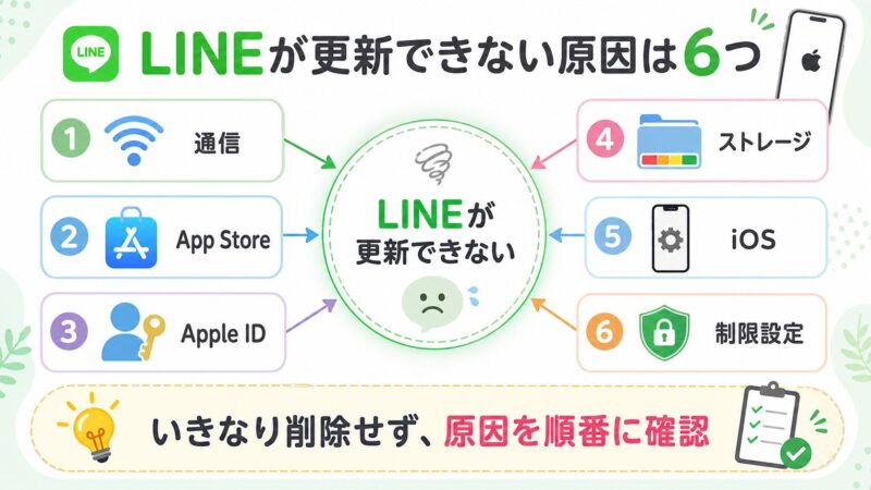 iPhoneでLINEが更新できない原因を6つに分けた図解