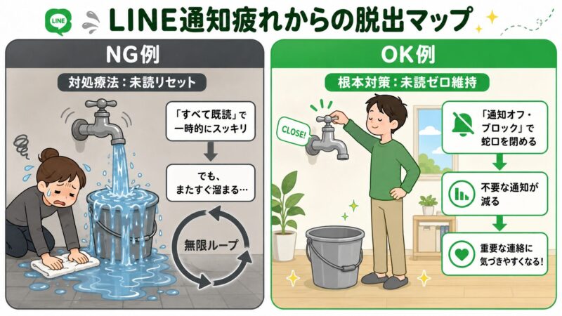 LINE通知の対処療法と根本対策の違いを示す図解。対処療法は水が溢れるバケツを拭く様子、根本対策は蛇口を閉める様子で表現されている