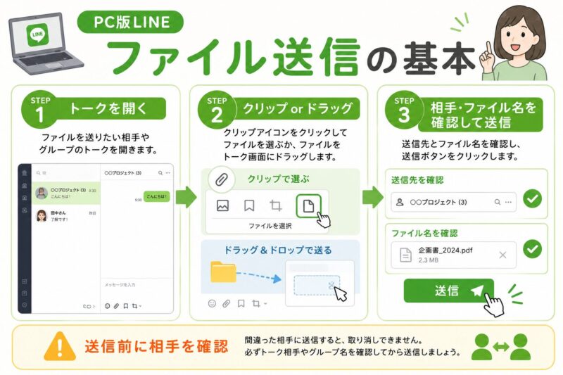 PC版LINEでファイルを送る基本手順を3ステップで示した図