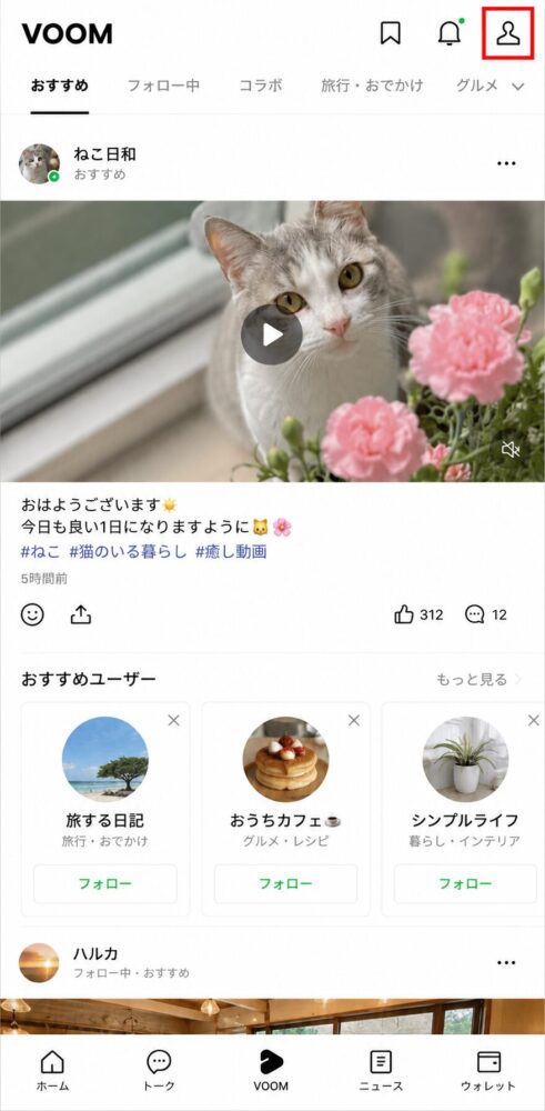 VOOM画面と人型アイコンを赤枠で囲ったスクリーンショット画像