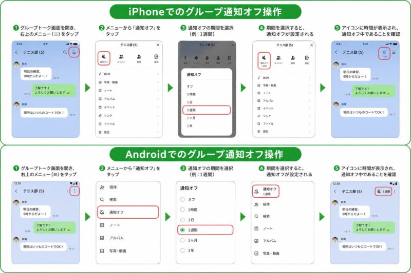 iPhone/Androidでのグループ通知オフ操作の画面キャプチャ