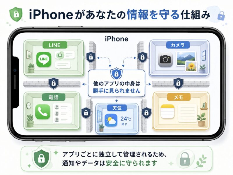 iPhoneで各アプリが独立して管理され、他のアプリの情報を勝手に覗き見できない仕組みを示した図解