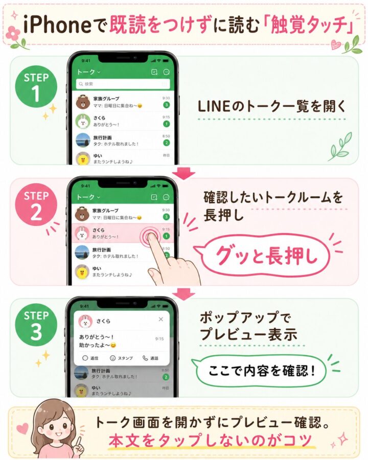 iPhoneのLINEアプリで、トークルームを長押しして既読をつけずにメッセージをプレビューしている操作手順の図解