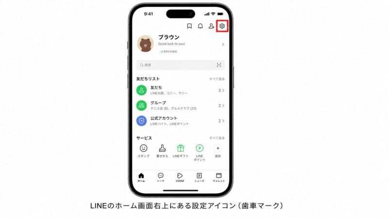 LINEのホーム画面右上にある設定アイコン（歯車マーク）