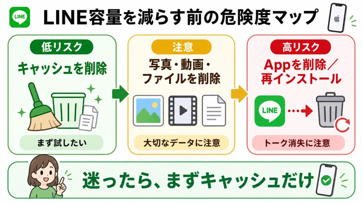 iPhoneでLINEのキャッシュ削除とApp削除の危険度を比較した図解
