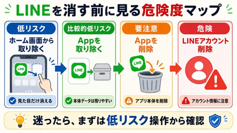 iPhoneのLINE削除ボタンごとの危険度を低リスクから危険まで並べた図解