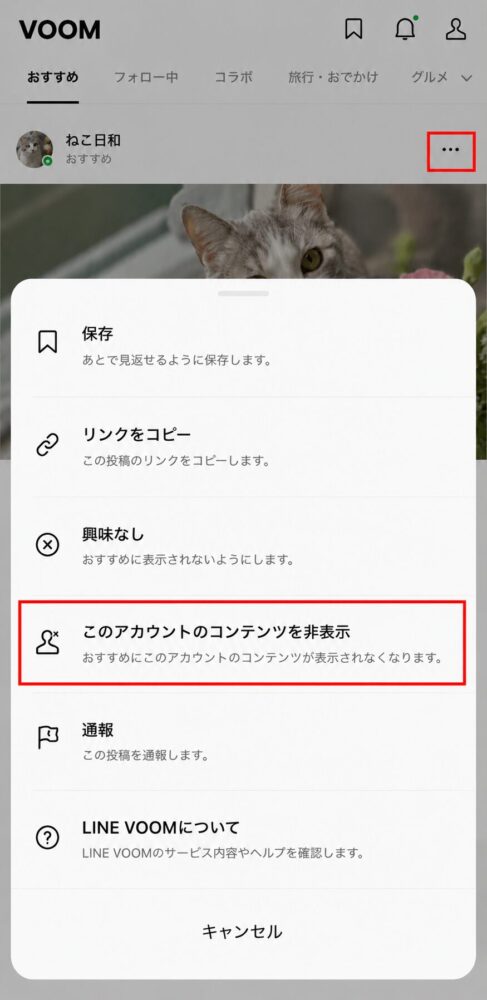 「このアカウントのコンテンツを非表示」を選ぶ画面のスクリーンショット画像