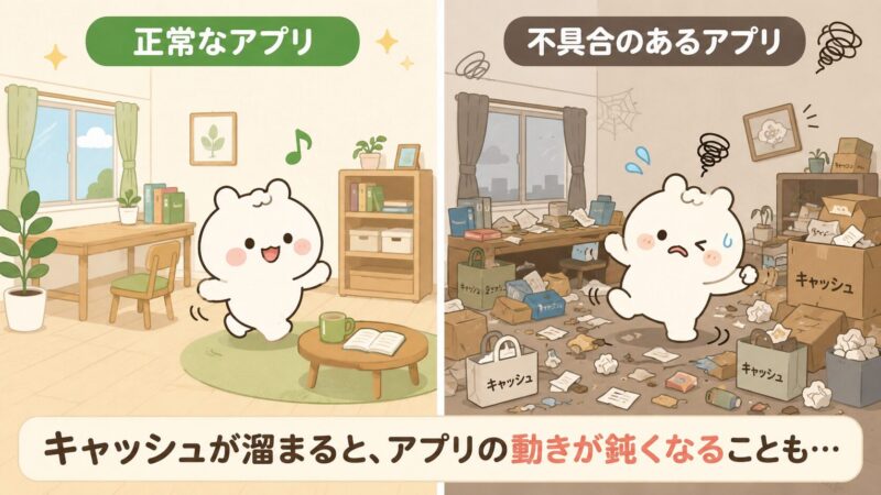 キャッシュが溜まる様子を部屋のゴミで表現したイラスト。ゴミが溜まった部屋では動きにくいように、キャッシュが溜まるとアプリの動作が不安定になることを示しています