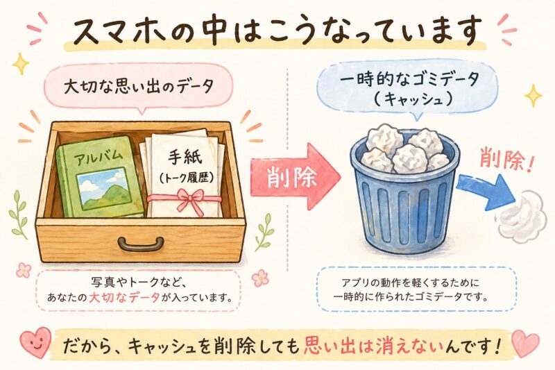 LINEのキャッシュとトーク履歴の違いを説明する図。キャッシュは削除しても安全なゴミ箱のデータ、トーク履歴は保護される引き出しの中のアルバムとして描かれている