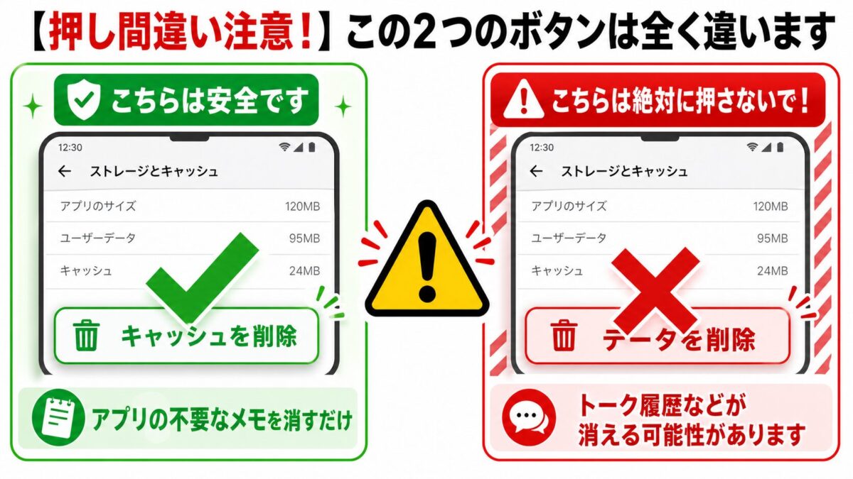 「キャッシュを削除」は安全、「データを削除」は危険であることを示す比較図。押し間違いに注意を促しています