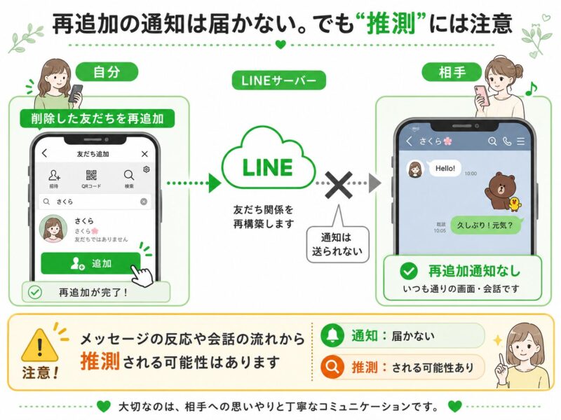 LINEで削除した友達を再追加しても通知は届かないが、会話の流れから推測される可能性があることを示す図解
