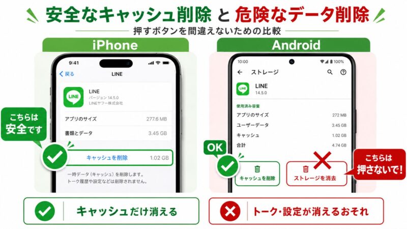 iPhoneとAndroidの設定画面で、安全なキャッシュ削除ボタンと危険なデータ削除ボタンの位置を比較した画像