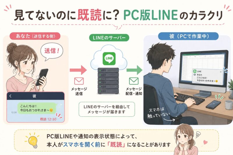 PC版LINEが原因で、本人がスマホを見ていなくてもメッセージが既読になる可能性を示した図解