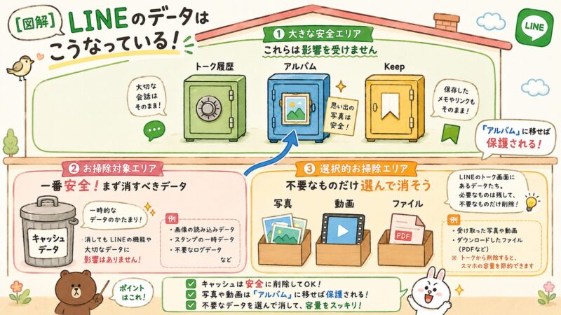 LINEのデータ構造を図解したインフォグラフィック。キャッシュは安全に削除でき、アルバムに保存した写真は保護されることを示しています