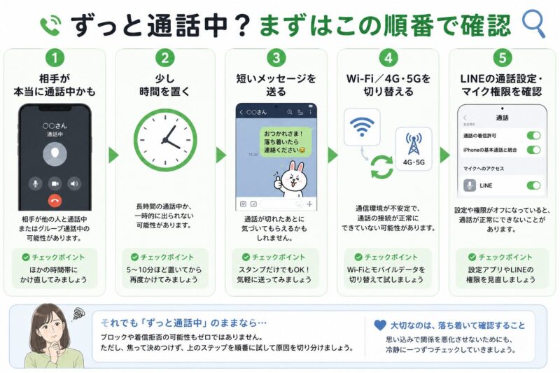 LINEがずっと通話中になる原因を、相手の通話中・通信環境・LINE設定・マイク権限に分けて確認する手順図
