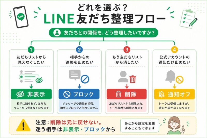 LINEの友だち整理で非表示・ブロック・削除・通知オフの違いを判断するフロー図