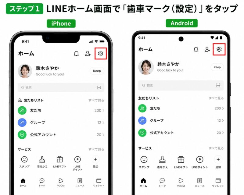 LINEのホーム画面右上にある設定（歯車マーク）をタップする操作