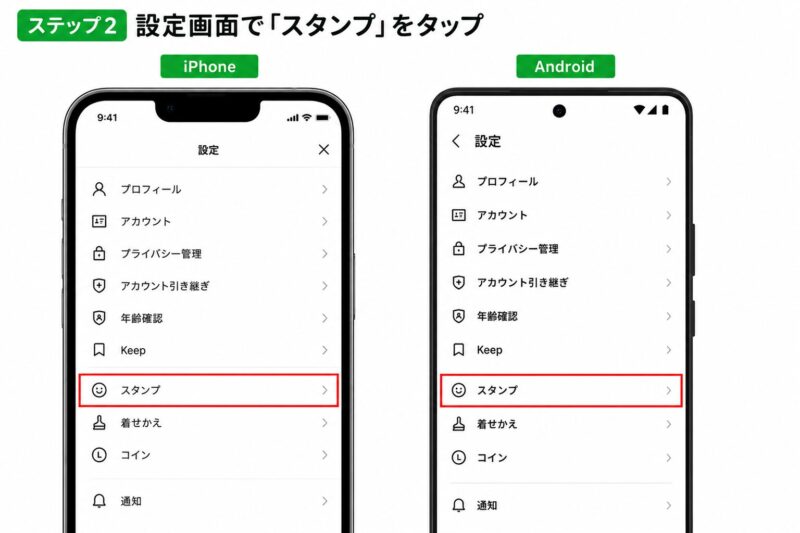 LINEの設定画面から「スタンプ」を選択する操作