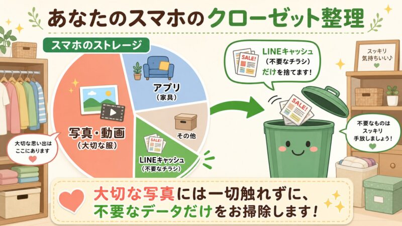 スマートフォンのストレージの内訳を示す円グラフ。写真や動画といった大切なデータはそのままに、不要なキャッシュデータだけを削除するイメージ図