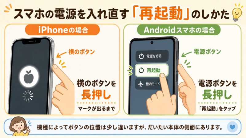 スマートフォンの再起動方法の図解。左側はiPhoneの右側面にあるサイドボタンを、右側はAndroidの電源ボタンを指で長押しする操作を示したイラスト