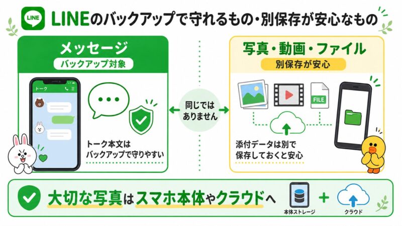 LINEのトーク本文と写真動画ファイルの保存方法の違いを示す図