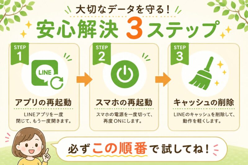 LINEが固まった時に試すべき3つの安全な手順。ステップ1はアプリの再起動、ステップ2はスマホの再起動、ステップ3はキャッシュの削除。この順番で試すことが推奨されています