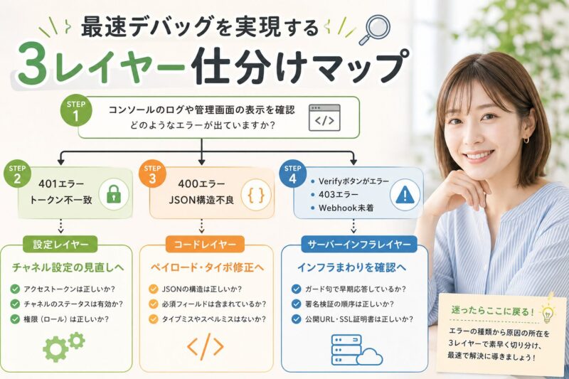 LINE Botのエラー原因を設定、コード、サーバーインフラの3つのレイヤーに仕分けるためのフローチャート図解