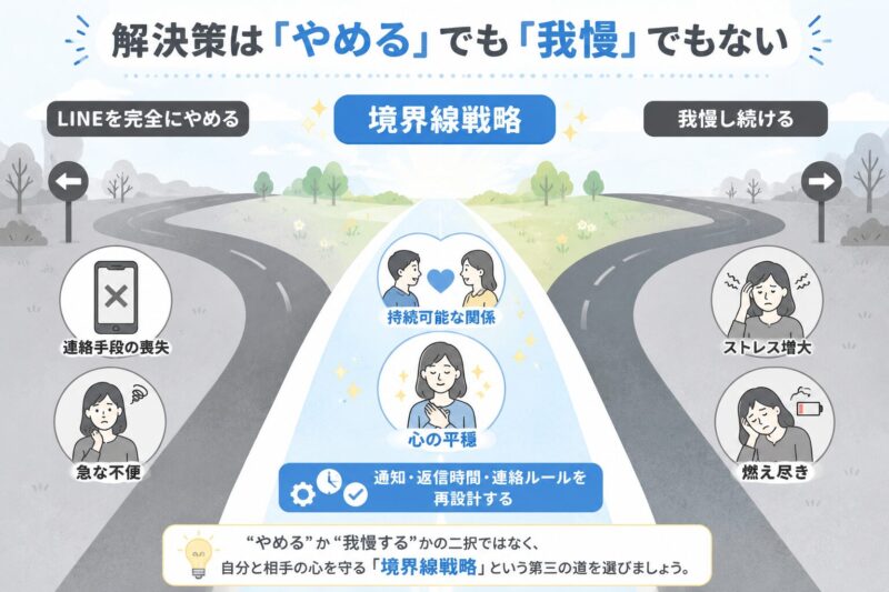 LINE疲れの解決策を示す図。やめるか我慢するかの二択ではなく、境界線戦略という第三の道が持続可能な関係につながることを示している