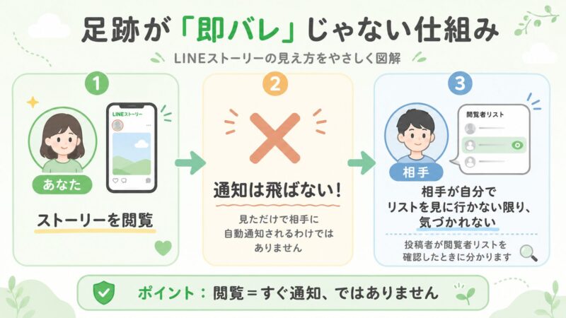 LINEストーリーの足跡が相手にすぐ伝わらない仕組みを示した図解。閲覧しても通知は行かず、投稿者がリストを自ら確認しない限り気づかれないことを示している