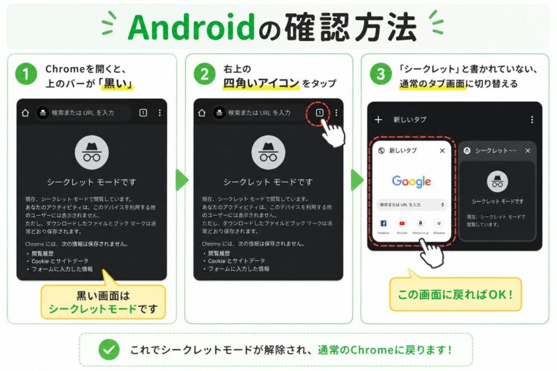 AndroidのChromeでシークレットモードを解除する3ステップの図解