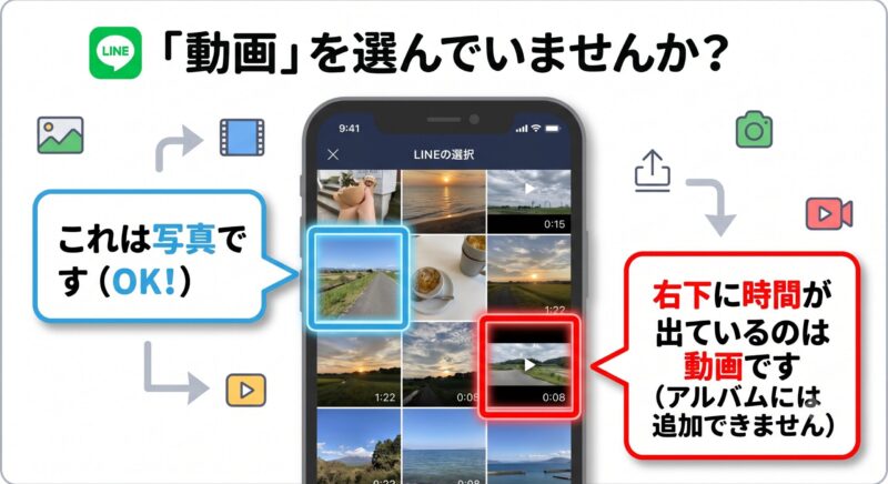 LINEの写真選択画面における、写真と動画の見分け方。再生時間が表示されているものが動画であると示している