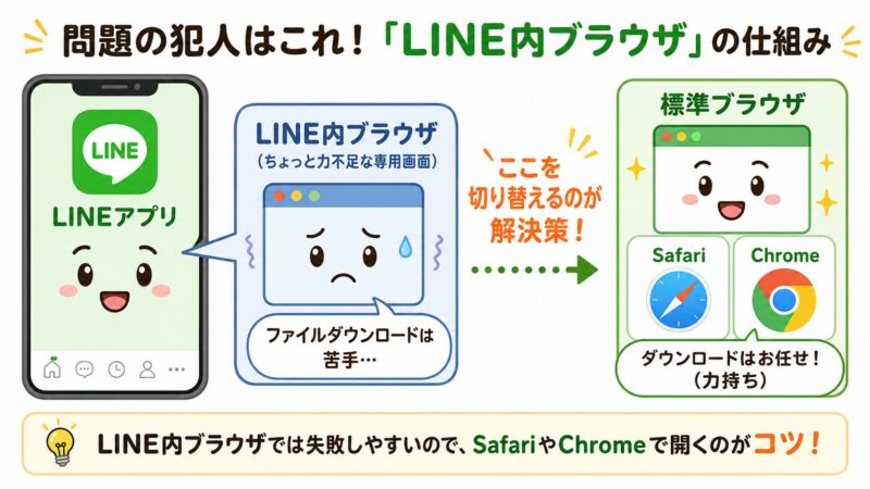 LINEでファイルがダウンロードできない原因を図解したイラスト。LINE内ブラウザからSafariやChromeなどの標準ブラウザに切り替えることを示している