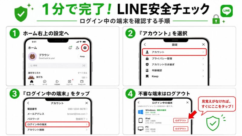 LINEの乗っ取りを確認するため、設定から「ログイン中の端末」を開く手順を示した4ステップの図解