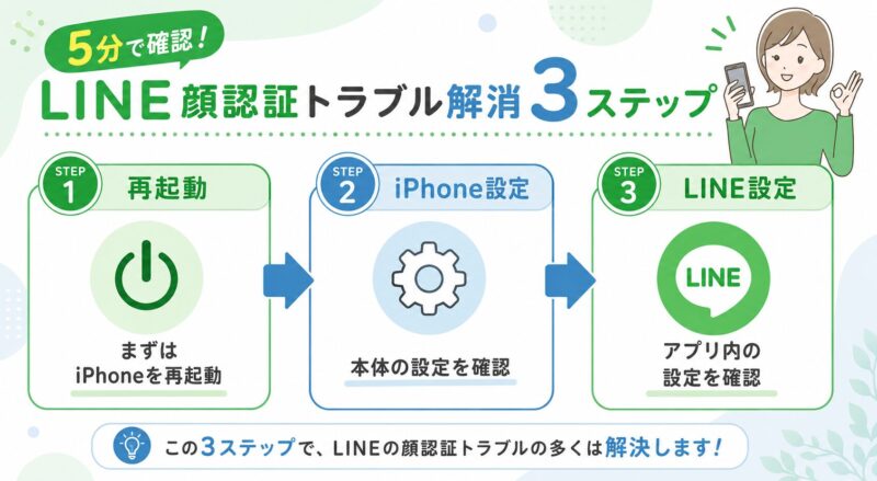 LINEの顔認証ができない時の3つの解決ステップ。ステップ1は再起動、ステップ2はiPhone本体の設定確認、ステップ3はLINEアプリ内の設定確認